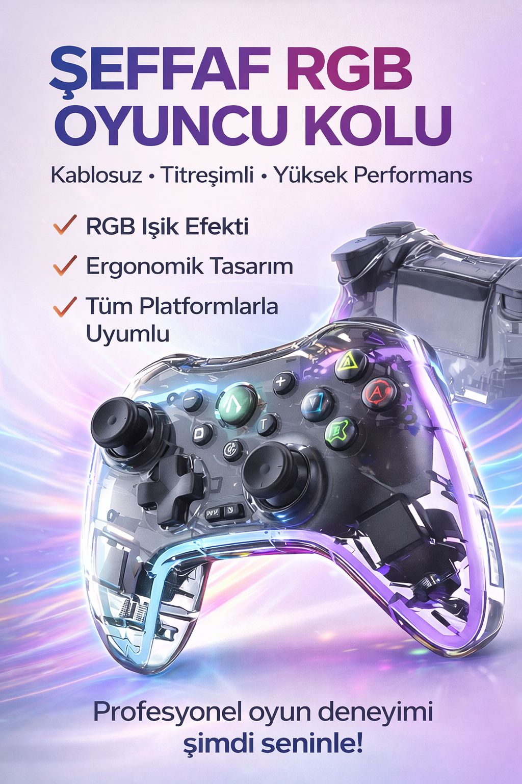 Şeffaf RGB Oyuncu Kolu Kablosuz Titreşimli Gamepad PC PS Uyumlu Işıklı Kontrolcü
