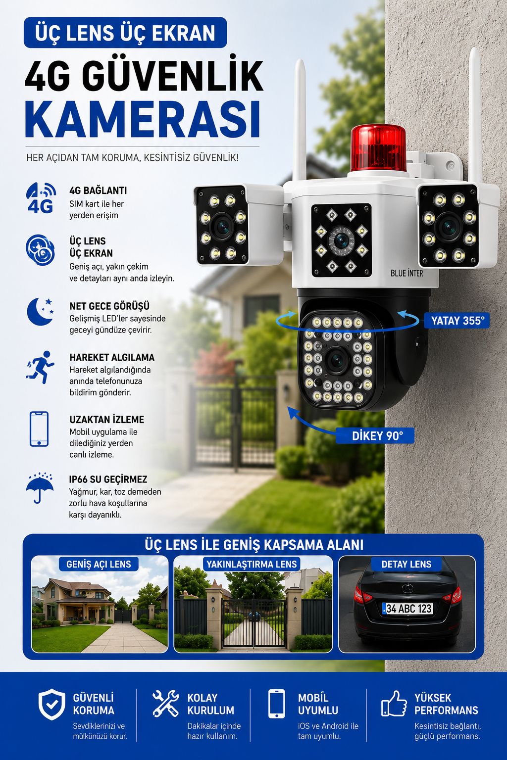 WiFi Güvenlik Kamerası 3 Lensli PTZ IP Kamera Gece Görüşlü Dış Mekan Kamera