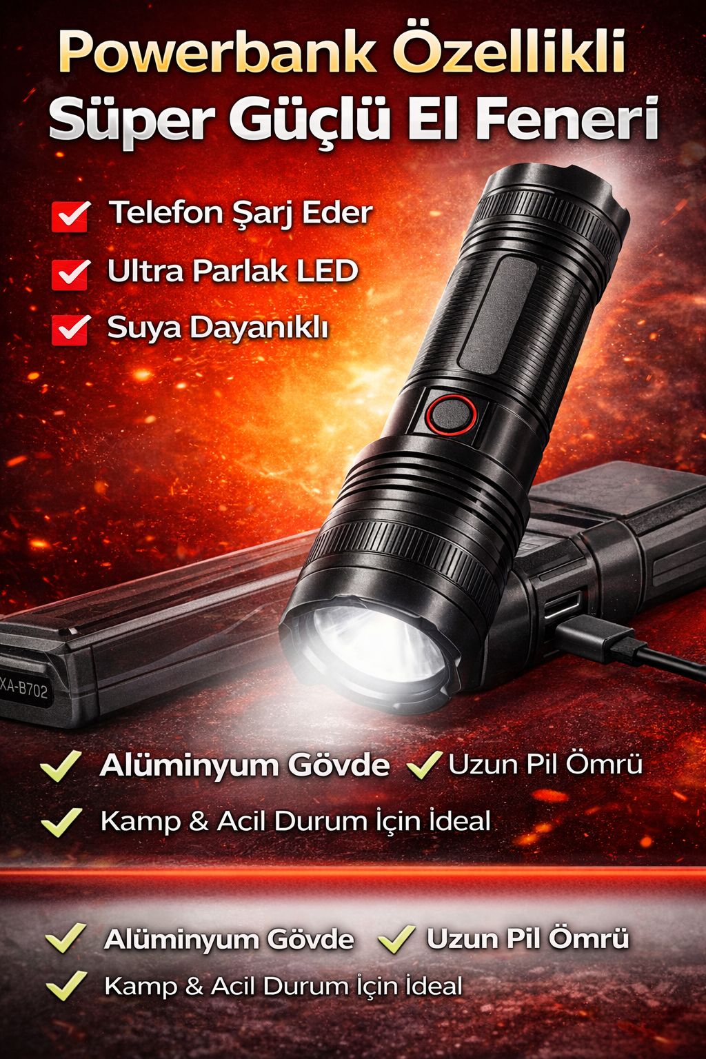 Powerbank Özellikli El Feneri USB Şarjlı Su Geçirmez LED Fener Kamp Acil Durum