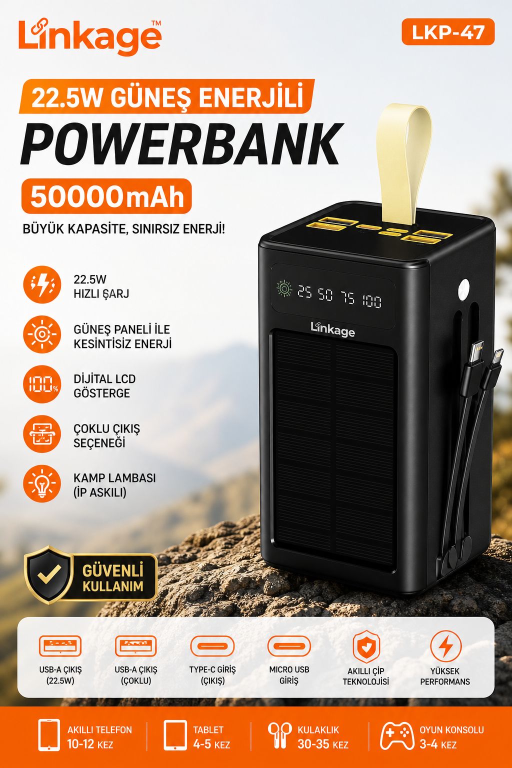 50.000mAh Güneş Enerjili Powerbank 22.5W Hızlı Şarj Dijital Göstergeli