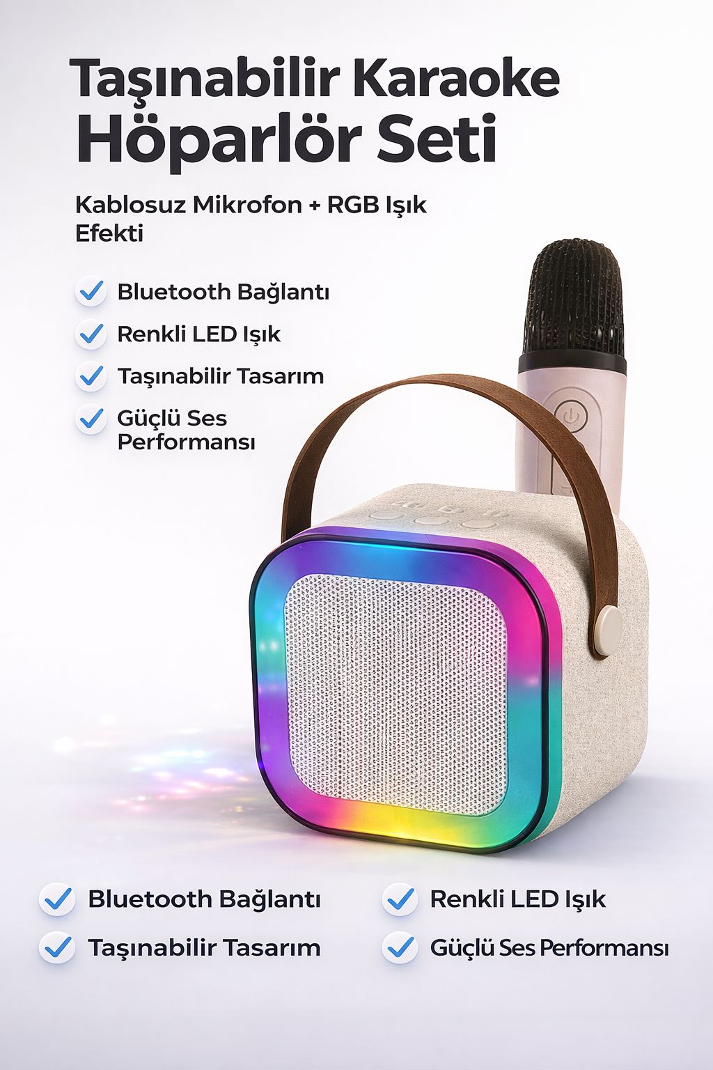 Taşınabilir Karaoke Hoparlör Seti Kablosuz Mikrofonlu Bluetooth LED Işıklı Speaker