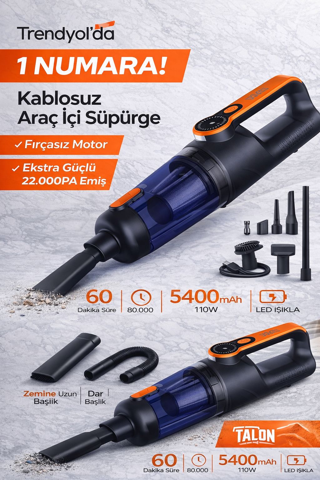 Kablosuz Araç İçi Süpürge 22000Pa Güçlü Emiş Şarjlı El Süpürgesi LED Işıklı