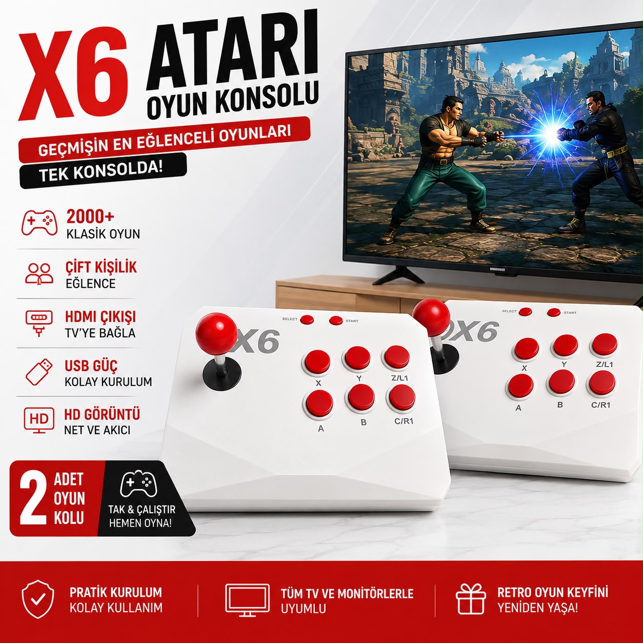 X6 Atari Oyun Konsolu 2000+ Oyunlu Çift Joystickli HDMI Retro Arcade Oyun Makinesi