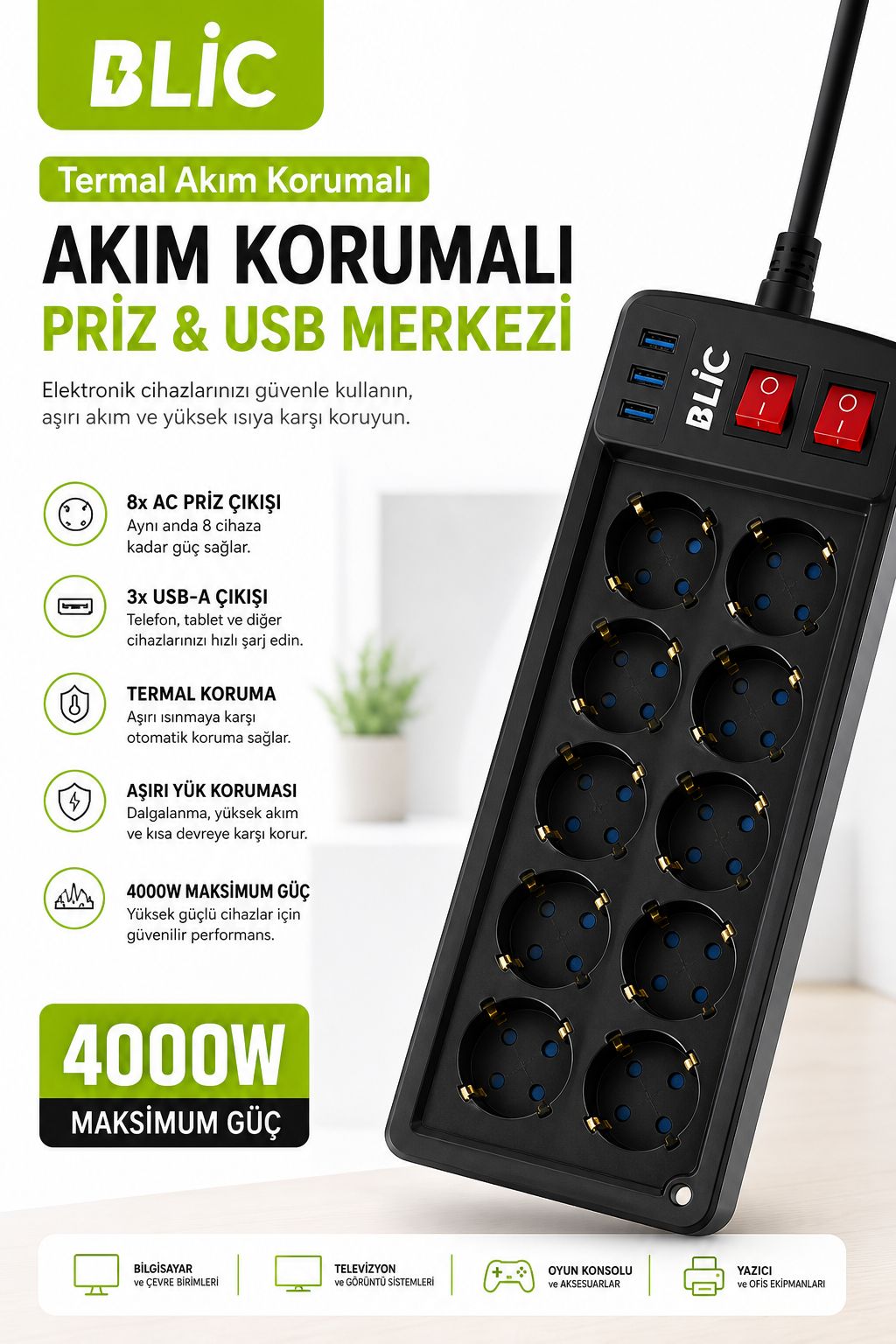 8’li Akım Korumalı Priz 3 USB Girişli 4000W Çoklu Priz Uzatma Kablosu