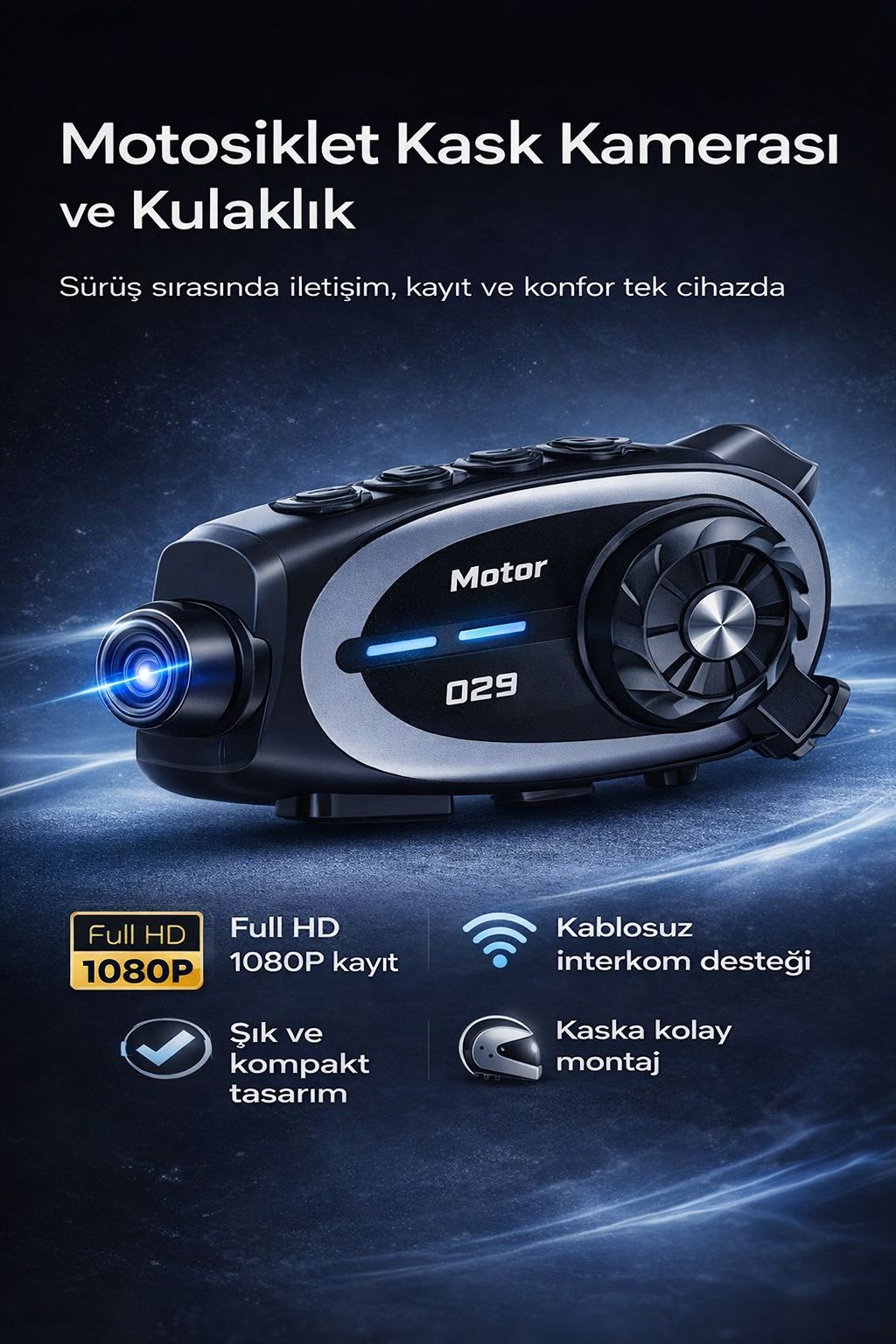 Motosiklet Kask Kamerası ve Kulaklık 1080P Bluetooth Intercom Kask İçi Kamera