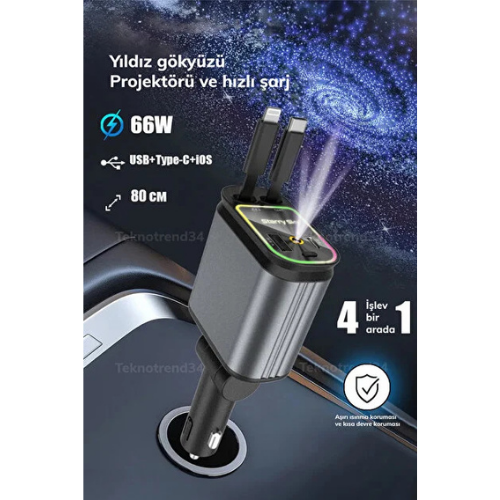 Bakeey 65W Hızlı Şarj Araç Çakmaklık LED Yıldız Tavan Projektörlü Araç Şarj Cihazı USB Type-C