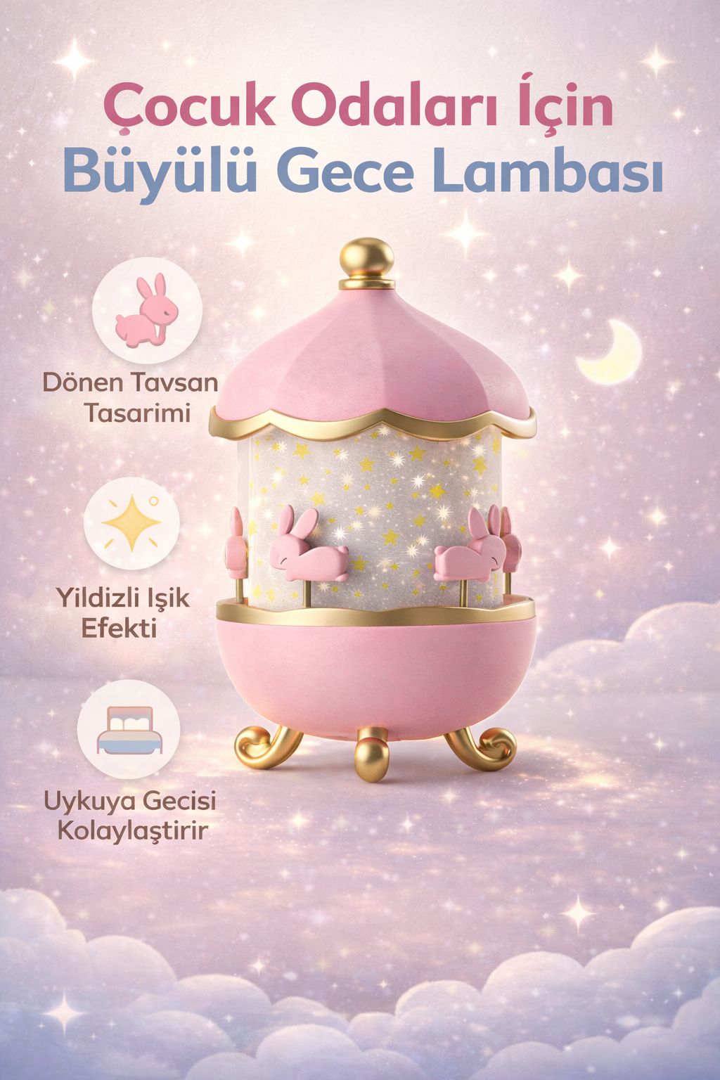 Çocuk Odası Gece Lambası Dönen Tavşan Yıldız Işıklı Uyku Lambası Dekoratif Lamba