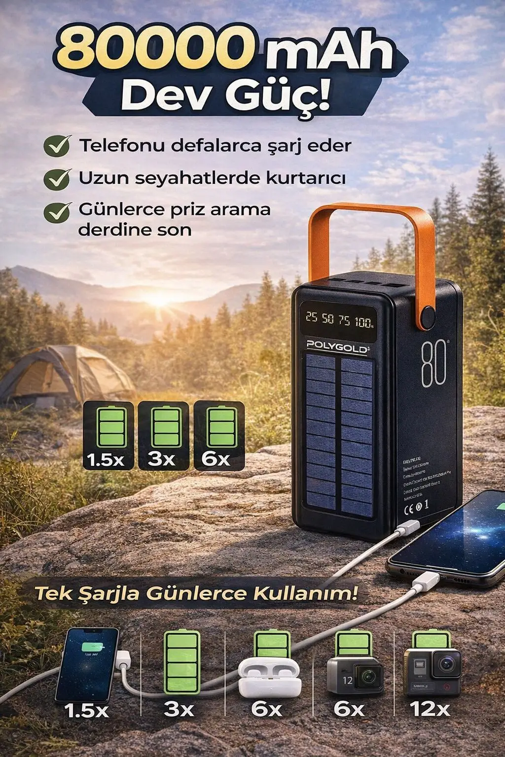 80000mAh Powerbank Güneş Enerjili Taşınabilir Şarj Cihazı Hızlı Şarj Solar Powerbank