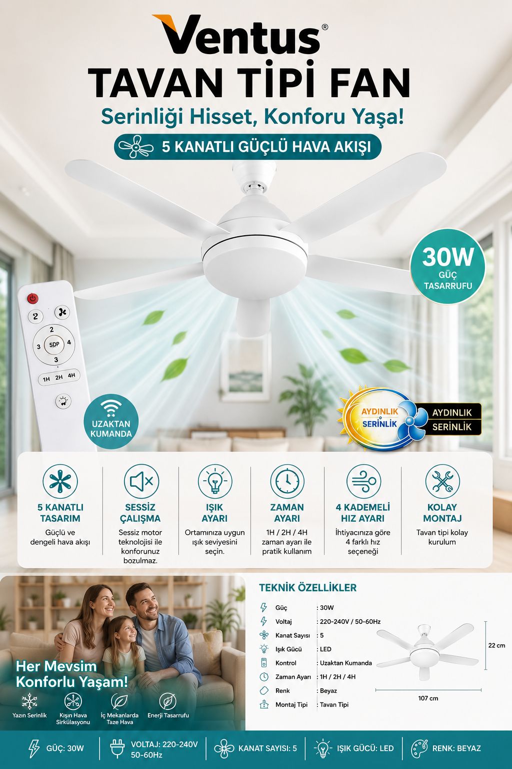 Ventus Tavan Tipi Fan Uzaktan Kumandalı Sessiz LED Işıklı 5 Kanatlı Tavan Vantilatörü