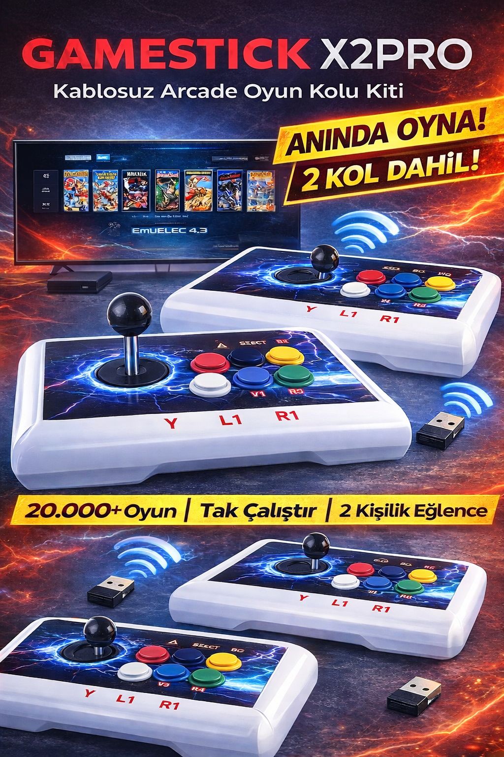 Gamestick X2 Pro Kablosuz Atari Oyun Konsolu 42.000 Oyun 2 Kol HDMI Retro Arcade