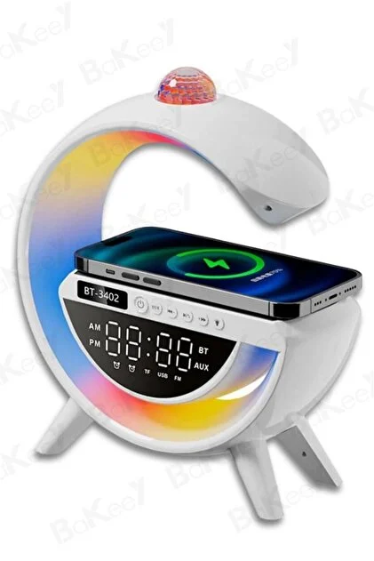 Kablosuz şarjlı bluetooth hoparlör LED ışıklı dijital saatli masa lambası