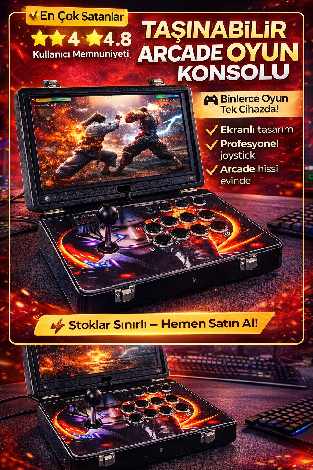 Tek Kişilik Retro Arcade Oyun Konsolu Taşınabilir Atari Oyun Makinesi Joystick